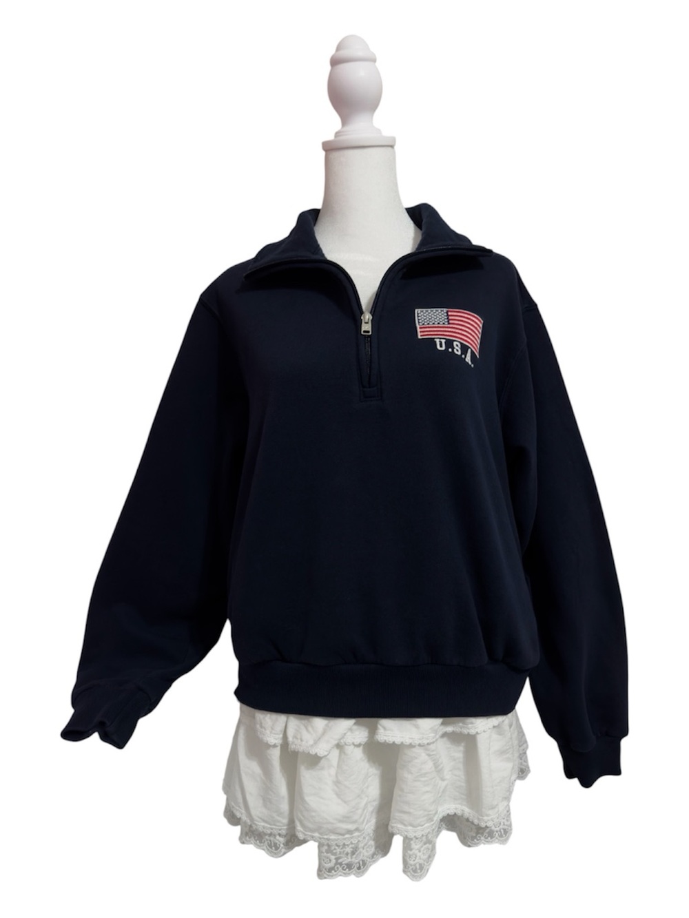 Hollister Women's USA Flag Half-Zip Sweatshirt Size XS Oversized Fit Navy Top